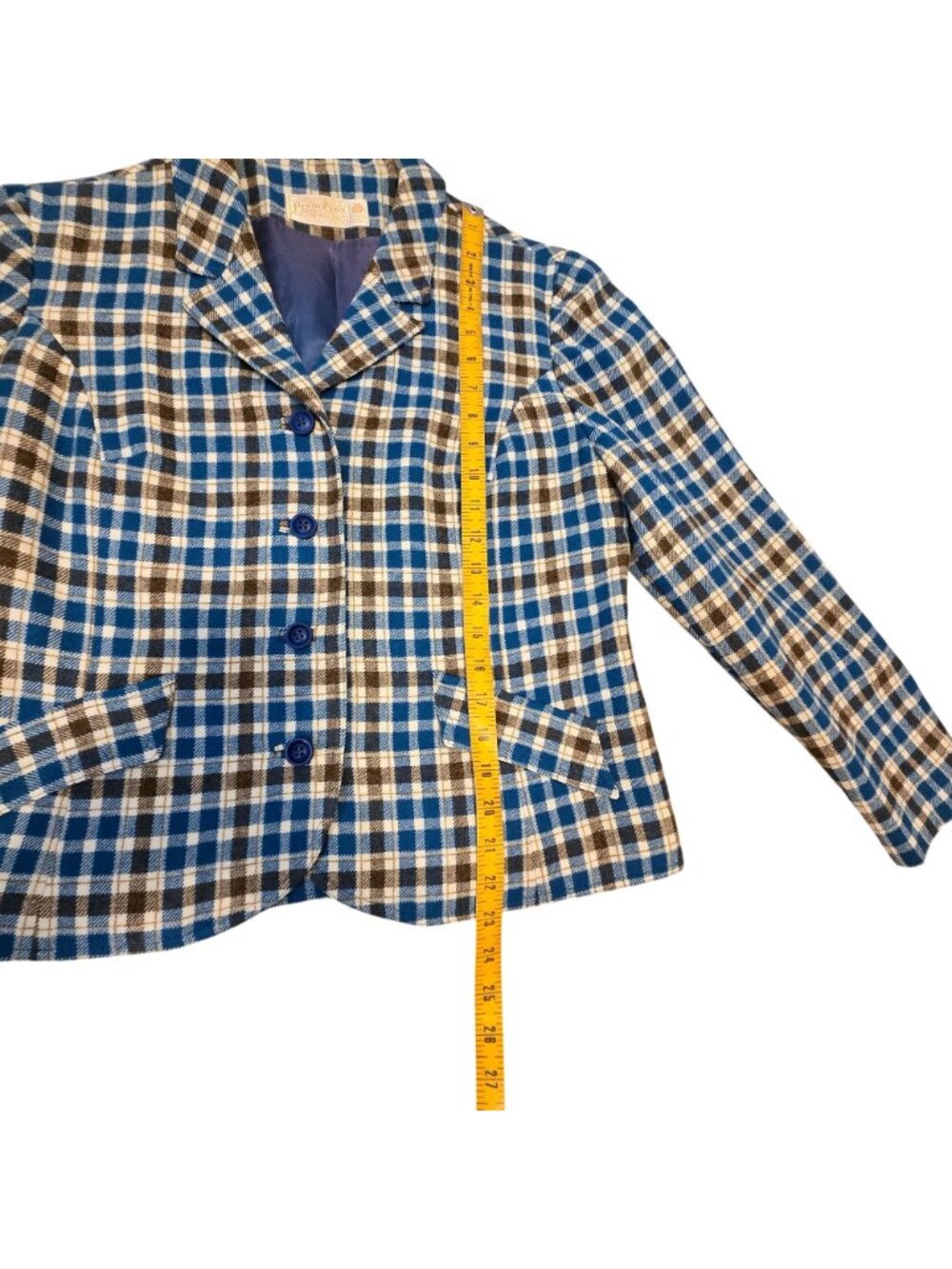 Vintage Pendleton Womens Cropped Blue Brown Plaid Blazer 100% Virgin Wool Sz. 14 - Picture 8 of 11
